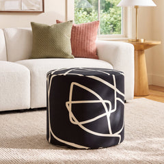 Round Footstool with Solid Wood Frame in Black Cotton Upholstery