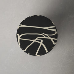 Round Footstool with Solid Wood Frame in Black Cotton Upholstery