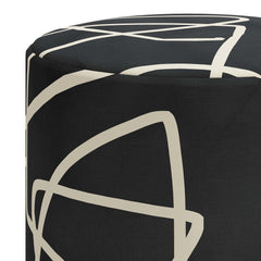 Round Footstool with Solid Wood Frame in Black Cotton Upholstery
