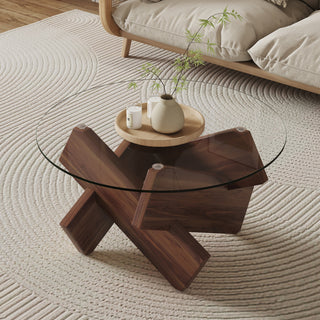 Round Glass Coffee Table, 33.4 in Diameter with Cross Legs