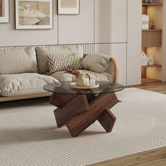 Round Glass Coffee Table, 33.4 in Diameter with Cross Legs