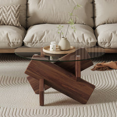 Round Glass Coffee Table, 33.4 in Diameter with Cross Legs