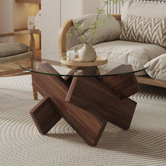 Round Glass Coffee Table, 33.4 in Diameter with Cross Legs