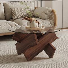 Round Glass Coffee Table, 33.4 in Diameter with Cross Legs
