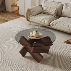 Round Glass Coffee Table, 33.4 in Diameter with Cross Legs