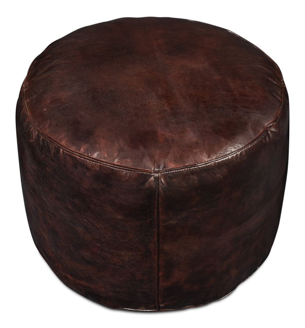 Round Leather Pouffe, 22 in W x 22 in D with Foam Cushion