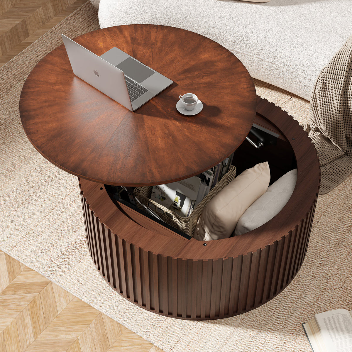 Round Lift-Top Coffee Table, Brown Ash Wood with Hidden Storage