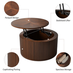 Round Lift-Top Coffee Table, Brown Ash Wood with Hidden Storage