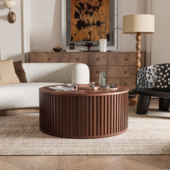 Round Lift-Top Coffee Table, Brown Ash Wood with Hidden Storage