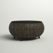Round Lift-Top Coffee Table with Storage in Solid Wood and Wicker