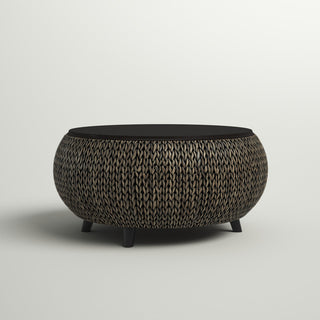 Round Lift-Top Coffee Table with Storage in Solid Wood and Wicker