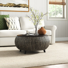 Round Lift-Top Coffee Table with Storage in Solid Wood and Wicker