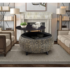Round Lift-Top Coffee Table with Storage in Solid Wood and Wicker