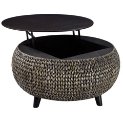 Round Lift-Top Coffee Table with Storage in Solid Wood and Wicker