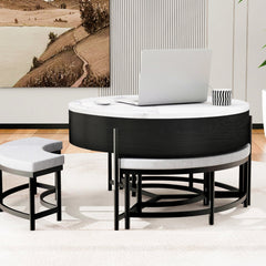 Round Lift-Top Coffee Table with Storage, White Top and Black Base