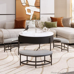 Round Lift-Top Coffee Table with Storage, White Top and Black Base