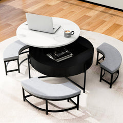 Round Lift-Top Coffee Table with Storage, White Top and Black Base