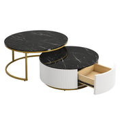 Round Nesting Coffee Tables, 2 Pieces, Black Top with Gold Metal Frame