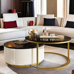 Round Nesting Coffee Tables, 2 Pieces, Black Top with Gold Metal Frame