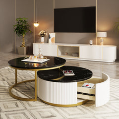 Round Nesting Coffee Tables, 2 Pieces, Black Top with Gold Metal Frame