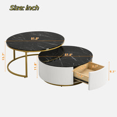Round Nesting Coffee Tables, 2 Pieces, Black Top with Gold Metal Frame