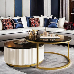 Round Nesting Coffee Tables, 2 Pieces, Black Top with Gold Metal Frame