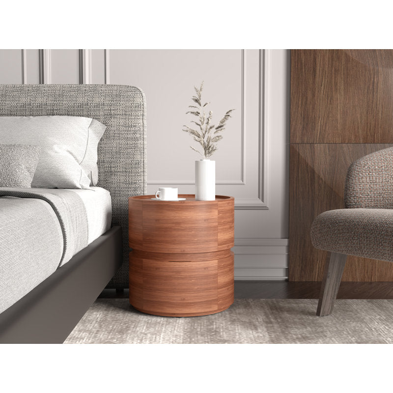 Round Nightstand, 2 Drawers, MDF and Manufactured Wood, Brown