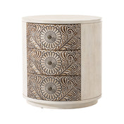 Round Nightstand, 3 Drawers, MDF and Solid Wood, Brown and Light Gray