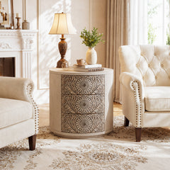 Round Nightstand, 3 Drawers, MDF and Solid Wood, Brown and Light Gray