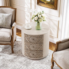 Round Nightstand, 3 Drawers, MDF and Solid Wood, Brown and Light Gray