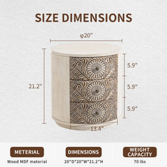 Round Nightstand, 3 Drawers, MDF and Solid Wood, Brown and Light Gray