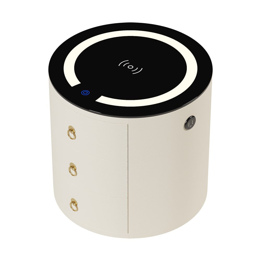 Round Nightstand, 3 Soft-Close Drawers, Faux Leather, Glass Top, Beige and Black
