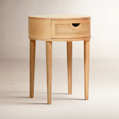 Round Nightstand, Solid Wood and Rattan Top, 1 Drawer, Brown