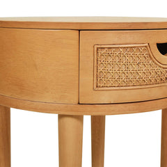 Round Nightstand, Solid Wood and Rattan Top, 1 Drawer, Brown
