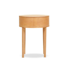 Round Nightstand, Solid Wood and Rattan Top, 1 Drawer, Brown
