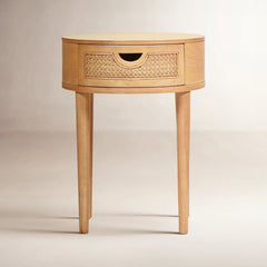 Round Nightstand, Solid Wood and Rattan Top, 1 Drawer, Brown