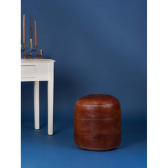 Round Ottoman, 14 Inch, Brown Leather with Tufted Top