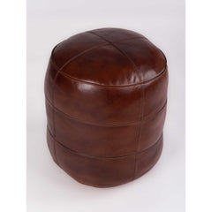 Round Ottoman, 14 Inch, Brown Leather with Tufted Top