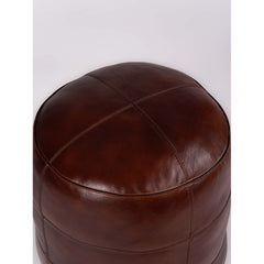 Round Ottoman, 14 Inch, Brown Leather with Tufted Top