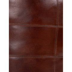 Round Ottoman, 14 Inch, Brown Leather with Tufted Top