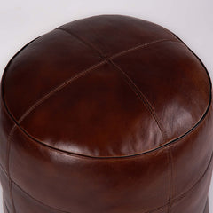 Round Ottoman, 14 Inch, Brown Leather with Tufted Top
