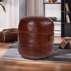 Round Ottoman, 14 Inch, Brown Leather with Tufted Top