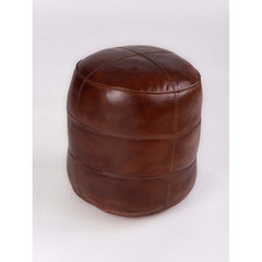 Round Ottoman, 14 Inch, Brown Leather with Tufted Top
