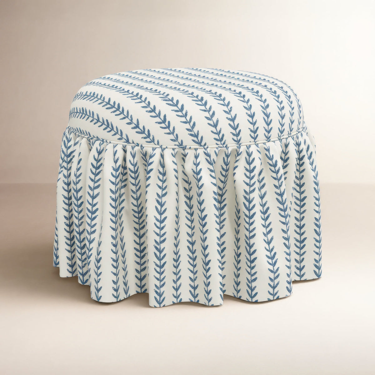 Round Ottoman, 24 in Wide, Dusty Blue Vine Stripe Upholstery