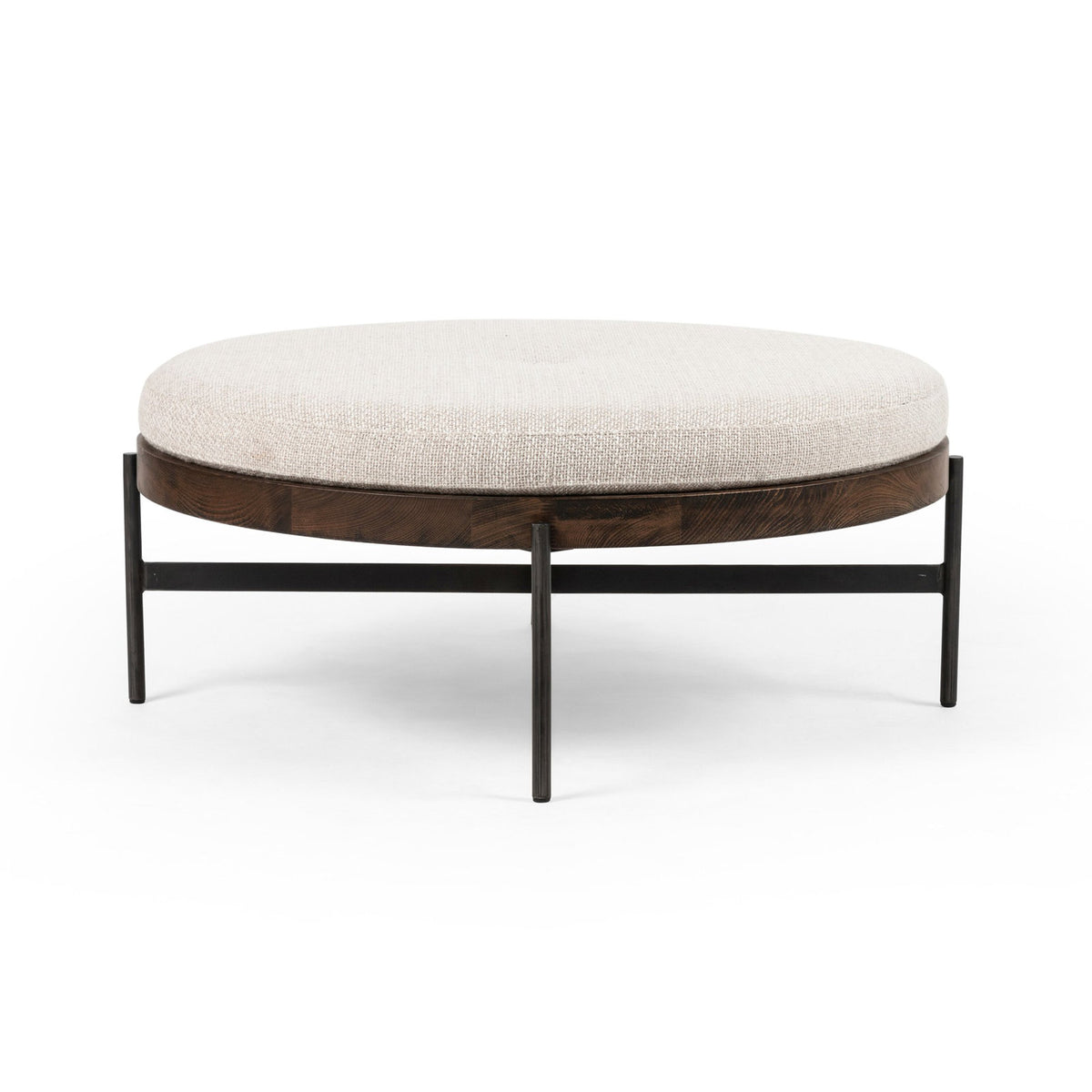 Round Ottoman, 39 in Wide, Wheat Upholstery with Gunmetal Legs