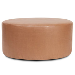 Round Ottoman in Faux Leather with Brown Legs