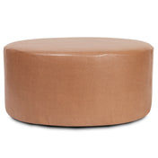 Round Ottoman in Faux Leather with Brown Legs