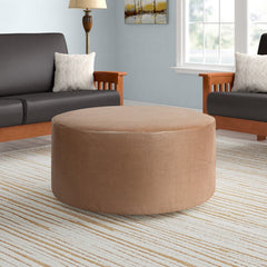 Round Ottoman in Faux Leather with Brown Legs