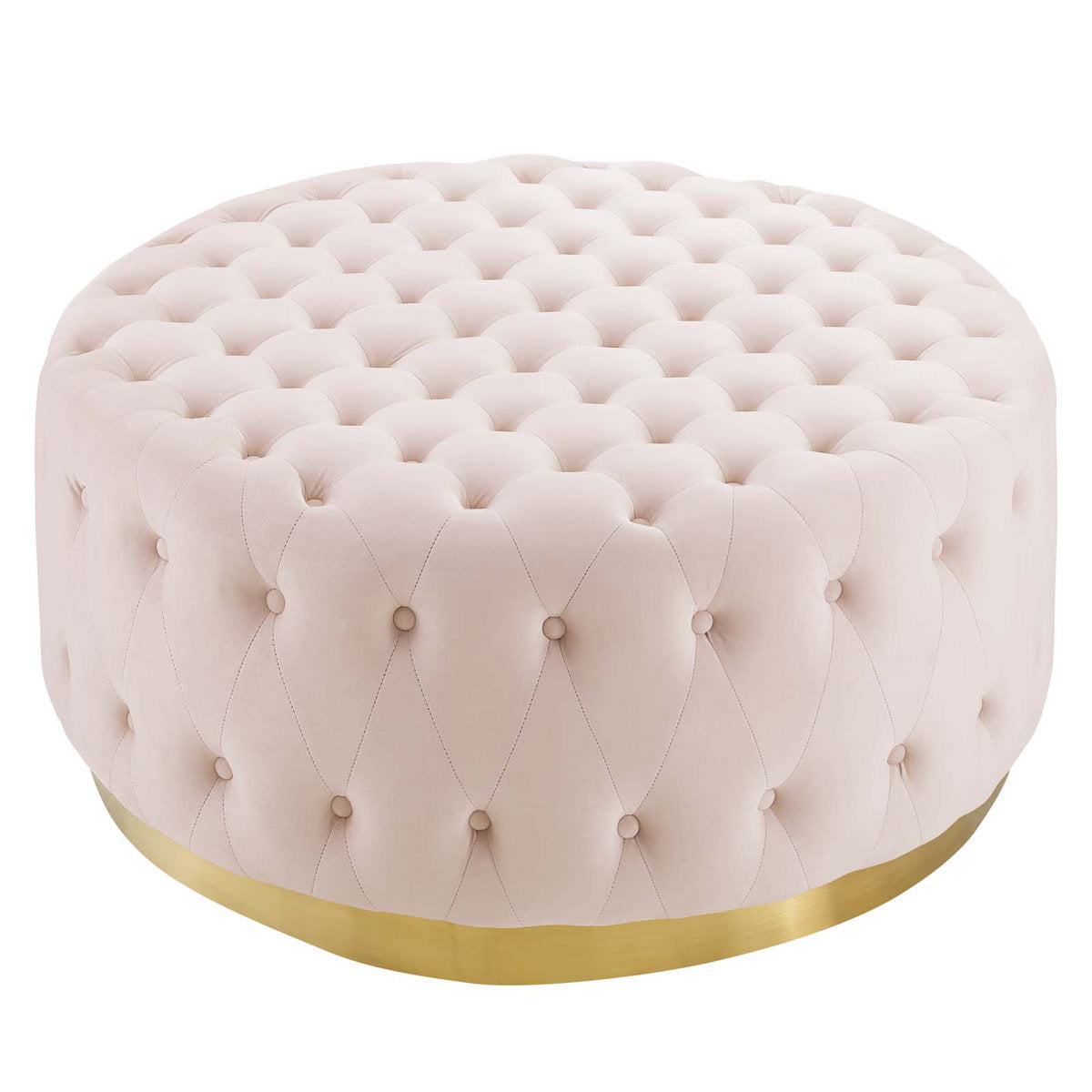 Round Ottoman, Tufted Pink Velvet with Gold Metal Legs