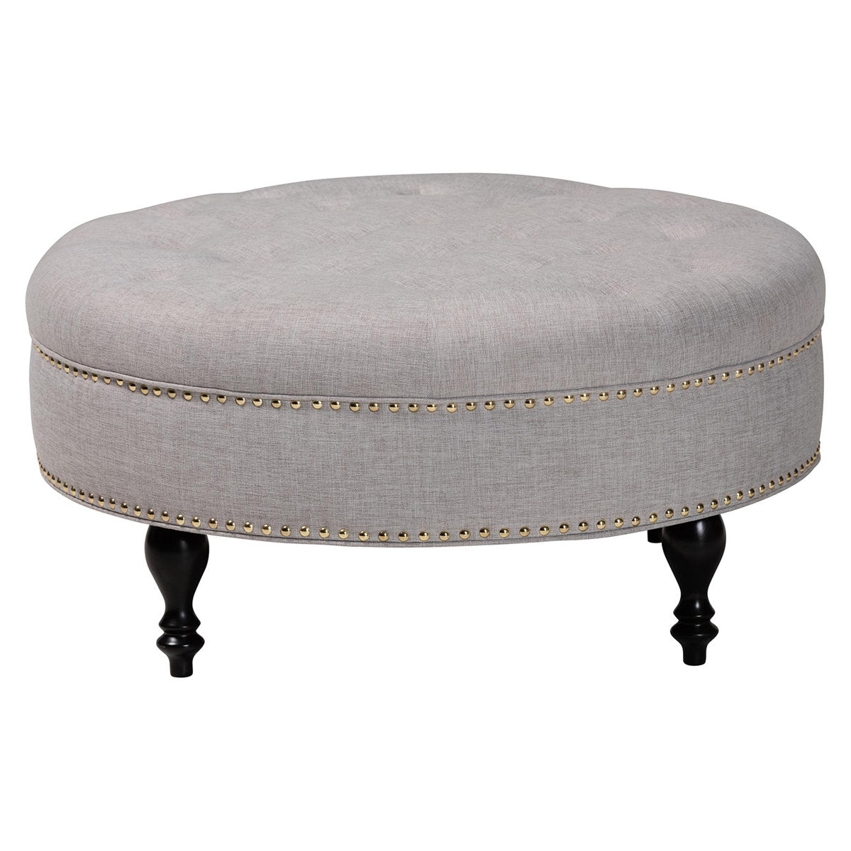 Round Ottoman with Tufted Linen Upholstery in Beige